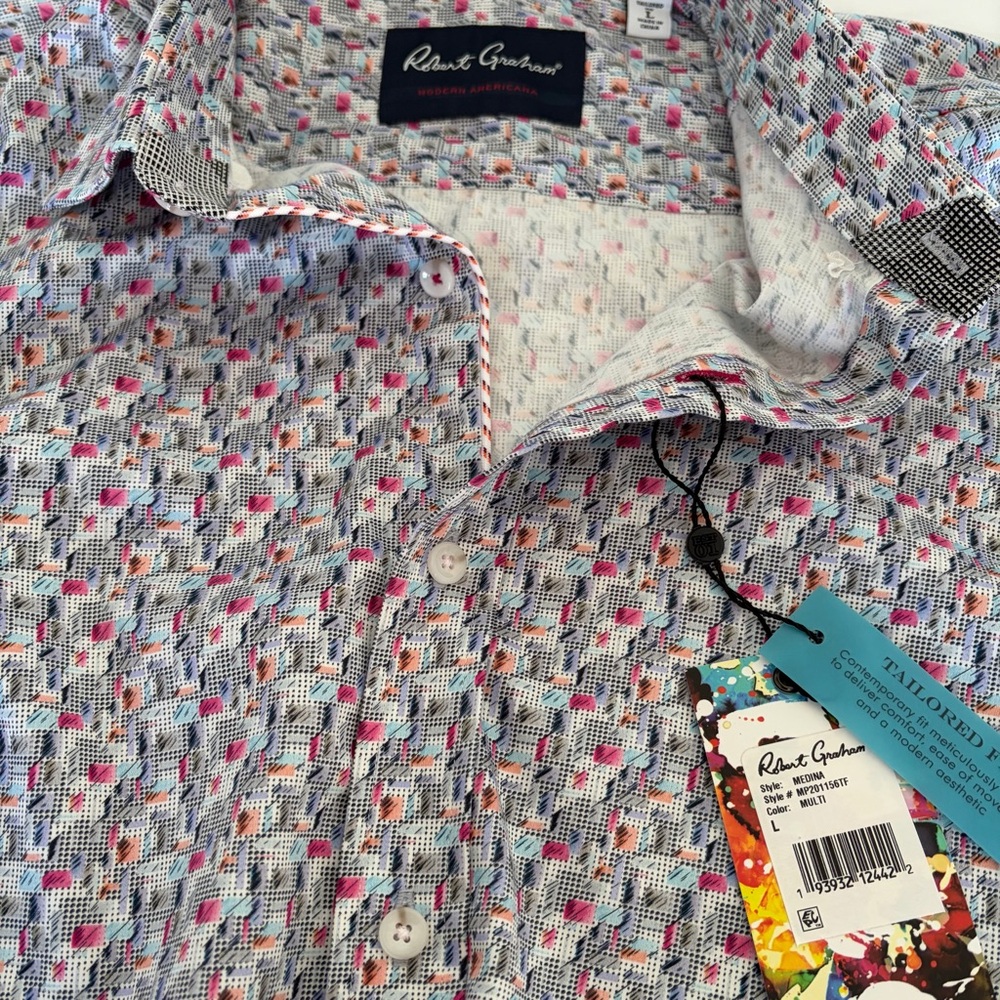 NWT Robert Graham Sz L Cotton Medina Multi Colored Button Up Long Sleeve Shirt - Picture 12 of 13